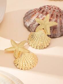 一对金属金色海星贝壳造型耳环，适合日常佩戴和度假装扮。 - 金黃色 - 查看 6