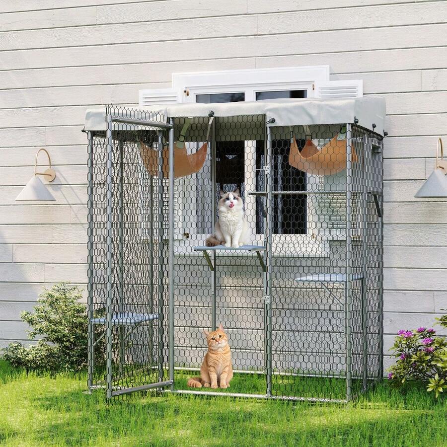 Large Outdoor Catio 79'' Cat Enclosure With 4 Platforms, Hammock, Condo And Waterproof UV-Resistant Roof, Outdoor Walk-In Metal Cat Patio Shelter For Multiple Cats 76''h - L - View 1
