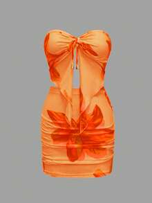 Women's Summer New Strapless Asymmetrical Hem Top And Ruched Skirt Sexy 2 Pieces Set, Suitable For Vacation And Beach Elegant - Orange - View 2