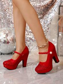 11.3cm Super High Heel Round Toe Pumps, Thick Platform, Patent Leather Patchwork, Pearl Buckle, Large Size Cheongsam Wedding Party Shoes For Women - Red - View 2