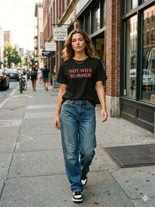 Hot Wife Summer Slogan Print T-Shirt, Summer Vacation Themed Short Sleeve Top For Women, Humor Graphic Tee Vacation Outfits Women Swim Coverup Women - 黑色 - 查看 6
