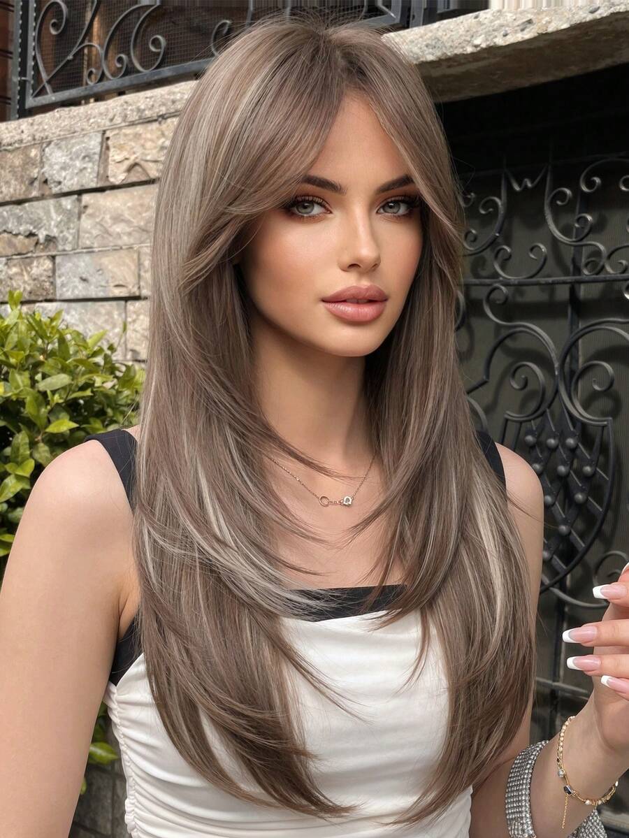 Brown & White Mixed Color Butterfly Long Hair With Bangs Synthetic Wig, Suitable For Women, Natural Hair Texture, Cosplay Wig, Suitable For Back To School Season - Multicolor - View 1
