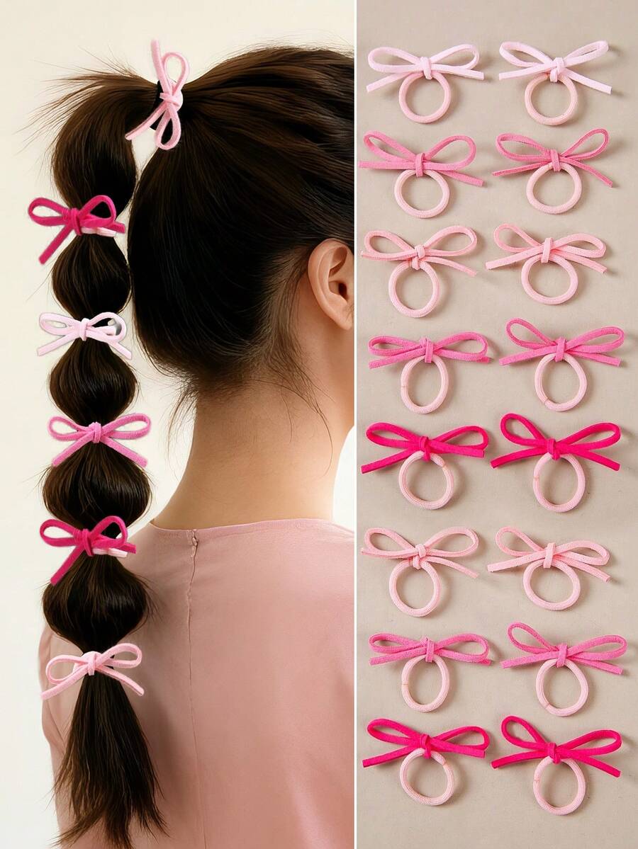 10pcs/Set Girls Pink Ribbon Hair Ties, Small Hair Scrunchies, Non-Damaging Hair Bands, Suitable For Daily Use - Multicolor - View 1