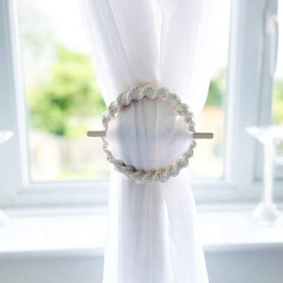 1 chiếc vòng trang trí rèm cửa sổ kiểu Boho Macrame, vòng tròn đan thủ công bằng gỗ, dây buộc rèm tối giản.