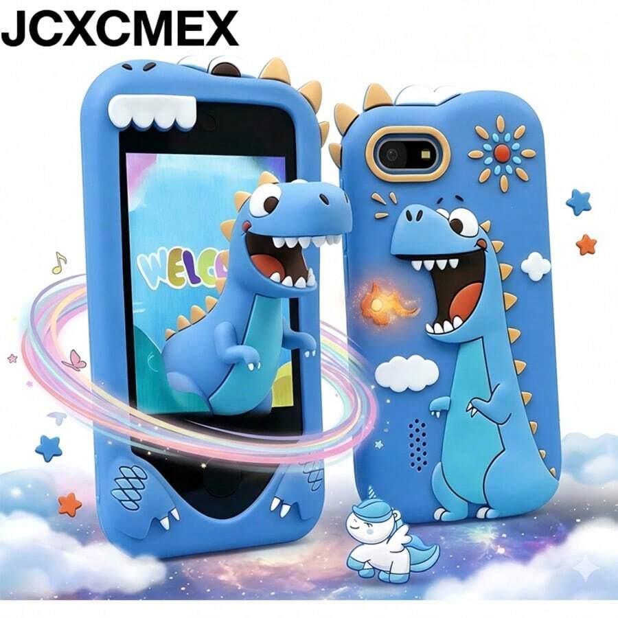 JCXCMEX 蓝色恐龙仿真智能手机玩具，适合女孩，硅胶恐龙手机壳，双摄像头，音乐播放器，学习游戏，益智玩具，节日礼物