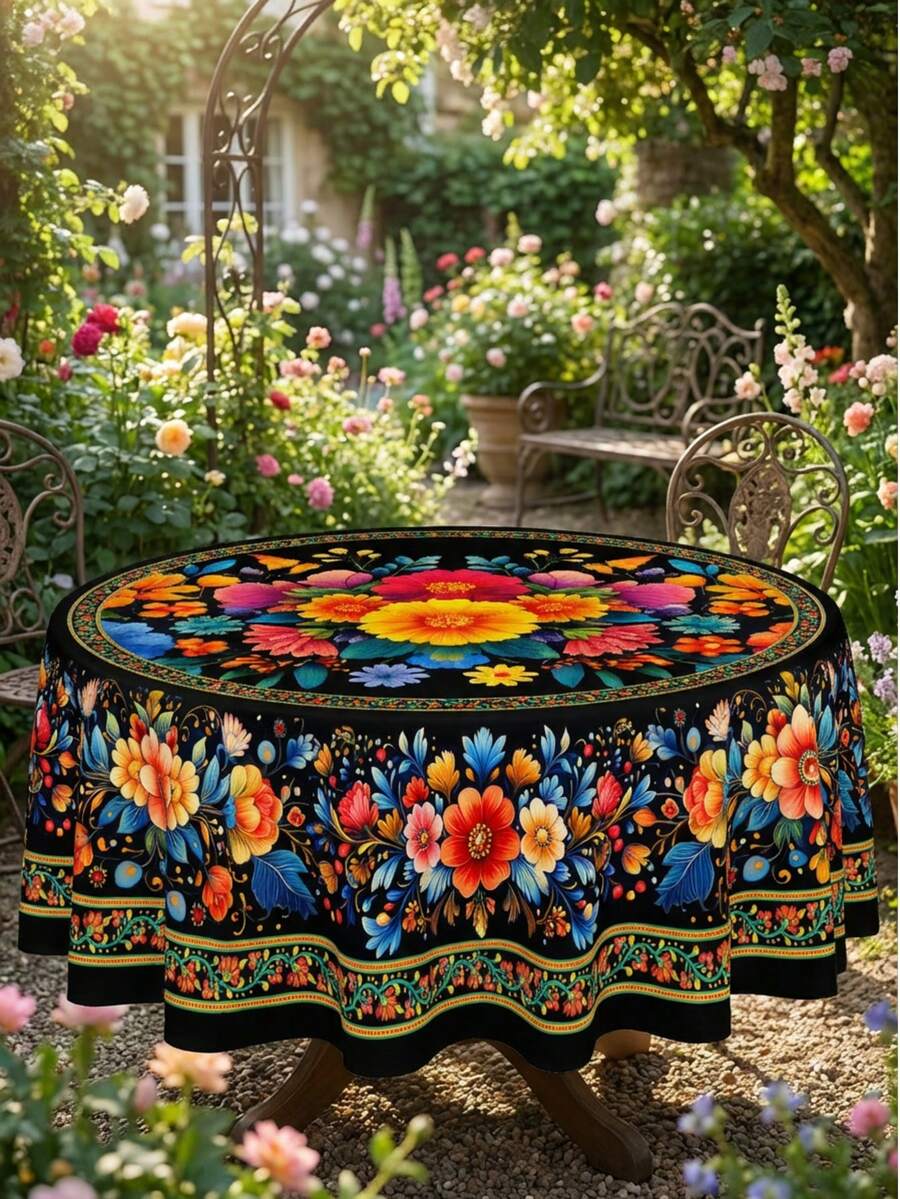 1 Rectangle/Oval/Round Mexican Style Colorful Floral Print Tablecloth, Folk Art Style Polyester Fabric Table Cover, Waterproof Stain Resistant Oil Proof Wrinkle Resistant Washable Reusable Table Cloth Table Linen Table Overlay For Home Decor, Kitchen Wedding, Wedding Table, Room Centerpiece - Multicolor - View 1