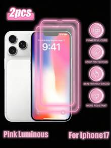 2pcs Pink Luminous Air Cushion Screen Protector, Made Of High-Hardness Tempered Glass, Durable And Scratch-Resistant, Compatible With IPhone 17 ProMax/16 ProMax/15 ProMax/14 ProMax/13 ProMax/12 ProMax/11 ProMax/17 Pro/16 Pro/15/14/13/12/11 Series - Black - View 2