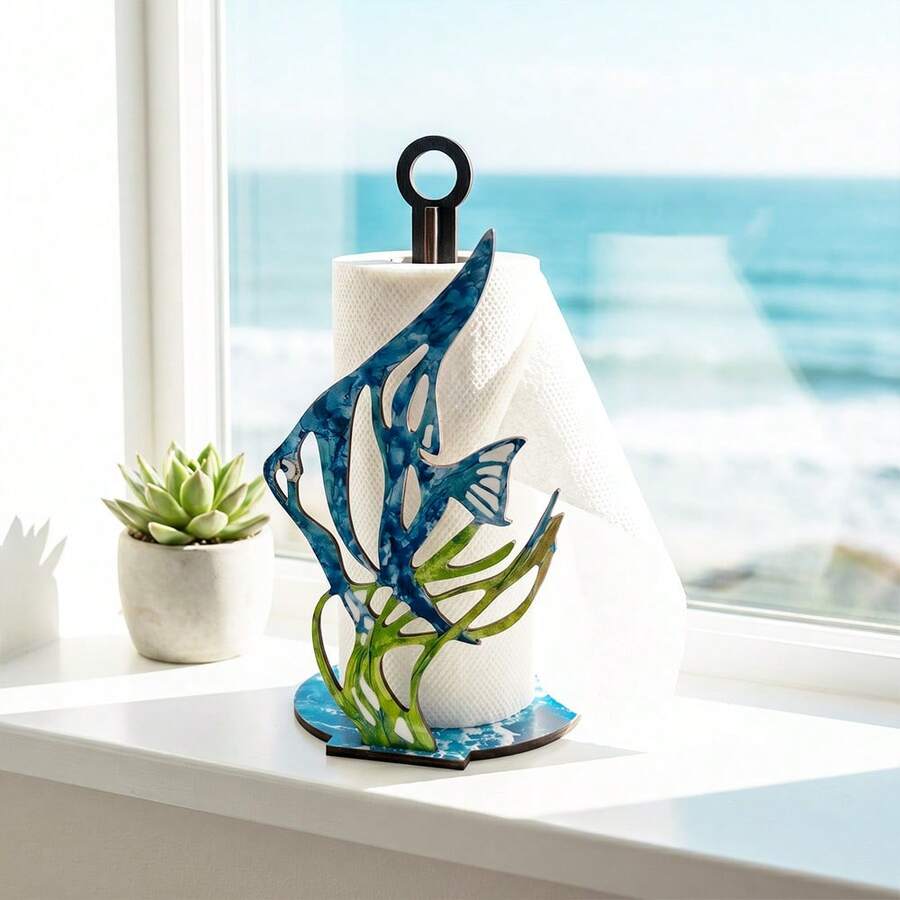 1件裝木製熱帶魚造型餐巾紙架，辦公桌裝飾，海洋主題藍綠色天使魚圖案裝飾，廚房檯面收納架，海灘度假風家居裝飾雕塑支架