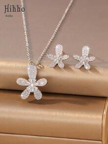 Hihho 3pcs/Set Spring Romantic Cubic Zirconia 5-Petal Flower Jewelry Set: Necklace + Earrings, Floral Design Elegant And Versatile For Daily, Dating, And Gathering Occasions - Five-petal Flower - View 10
