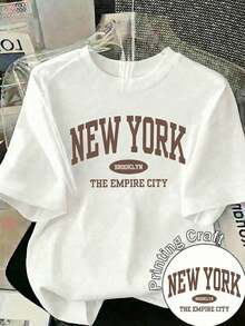 Nueva camiseta de manga corta con cuello redondo para mujeres, diseño primavera-verano, con impresión sencilla de las letras NEY YORK y combinación perfecta, transpirable y absorbe la sudor. Envío directo desde nuestro almacén local, modelo para parejas, ideal para llevar en pareja.-Vintage Street Style Unisex Loose Cotton Short Sleeve Crew Neck T-Shirt - Blanco - Ver 6