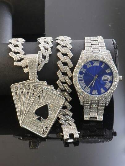 Conjunto de collar con colgante de póker con diamantes de imitación estilo real y reloj con esfera azul completamente cubierto de diamantes de imitación, estilo punk para hombres, joyería a juego de rapero de hip hop