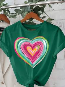 Talla unisex. Camiseta de verano de algodón de talla grande para mujer. Manga corta, estampado de corazones, corte holgado, cuello redondo, estilo casual, adecuada para verano y primavera, ropa de talla grande para mujer. Material absorbente de sudor, suave y agradable para la piel. - Verde - Ver 6