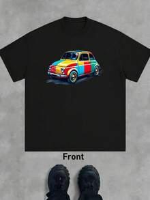 Summer T-Shirt With Retro Fiat 500 Pop Art Graphic, Soft Cotton, Round Neck, Comfortable Fit, Casual - Black - View 2