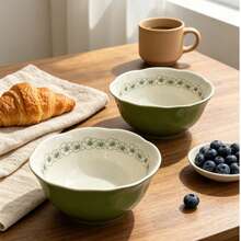 2 piezas, Tazones cerámicos de estilo retro francés de 5.8 pulgadas, diseño delicado, Body de tazón ligero, adecuado para arroz, sopa, ensalada y talla grande; apto para microondas y lavavajillas, apilable - Verde - Ver 7