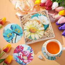 8件套DIY钻石画杯垫套装 - 精美花卉图案，圆形闪亮钻石，强力背胶，全套工具，适合初学者，减压手工，新年、情人节、圣诞节、教师节等节日送礼佳品，家居装饰杯垫，送给家人、朋友、女朋友的理想之选 - 彩色 - 查看 5