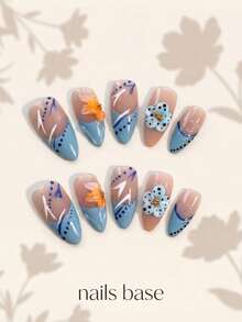 NAILS BASE 10件組 粉色杏仁形長款法式漸層漸變假指甲，附玫瑰紅花朵，杏仁形甲片，適合辦公場合的中性華麗風，日式手工製作 - 彩色 - 查看 4