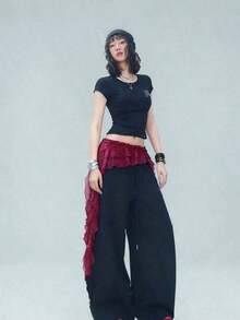 1pc Shiny Jazz Dance New Arrival Flamenco Ruffled Skirt, Street Dance Brand Flowing Tassel Layered Waist Wrap, Belly Dance Accessory American Style Hip Scarf, Sexy Mini Skirt For Stage Performance, Suitable For Nightclub, Disco, Festival, Party, Evening Dress Accessory - 黑色荷葉邊 - 查看 5