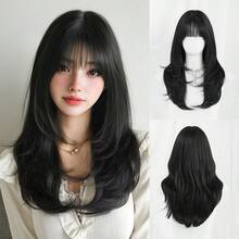 22-Inch Black Medium-Length Wig With Bangs For Women, Dark Roots Soft Heat-Resistant Fiber Full Machine Synthetic Straight Hair Wigs For Party Cosplay Halloween Wear, Music Festivals Celebrations Use - Black - View 12