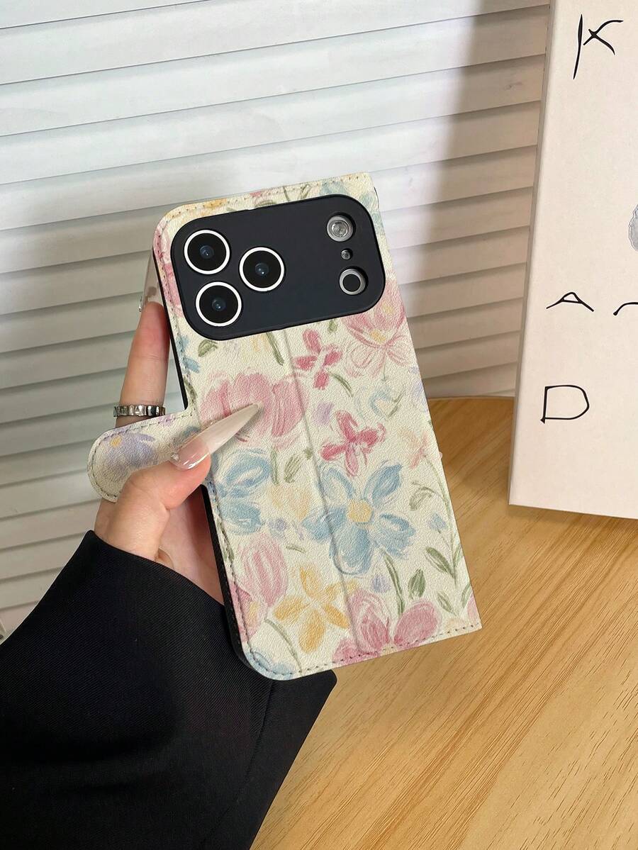 1pc Fashion Floral Watercolor Pattern Full Coverage Classic Anti-Drop High-Quality Silk Texture PU Leather Flip Wallet Phone Case With Card Slots, Foldable Design, Suitable For IPhone17/IPhone17 Air/IPhone17pro/IPhone17pro Max/IPhone16/IPhone16 Plus/IPhone16pro/IPhone16pro Max/IPhone15/IPhone15 Plus/IPhone15pro/13/14/12/11, Great Gift For Friends, Family, Couples, Birthday, Holidays - Multicolor - View 1