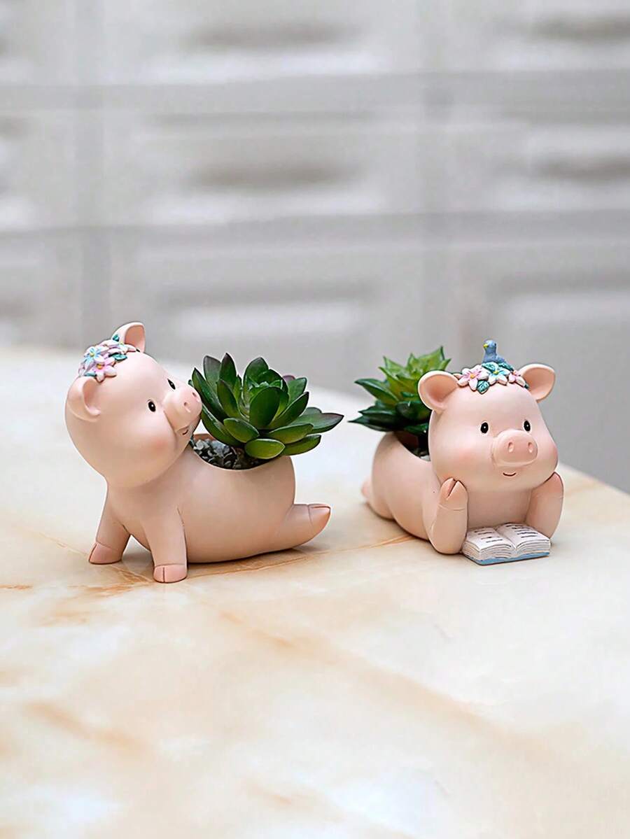 Bộ chậu trồng cây mọng nước hình chú heo hoạt hình dễ thương, thiết kế đường kính nhỏ và lớn. - nhiều màu - Xem 1