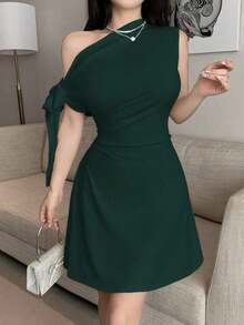 Vestido minimalista para mujer con estampado floral de tinta, hombro asimétrico con lazo, cintura ajustada - Verde Oscuro - Ver 6