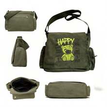 街头涂鸦熊印花斜挎包，大容量耐用帆布单肩包，/街头风格爱好者的日常通勤包 - 彩色 - 查看 4