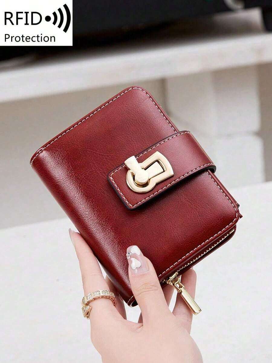 MIYIN Fashionable Retro Women's Short Wallet, Multifunctional Snap Coin Purse & Bill Clip, Zipper Credit Card Holder, Tri-Fold RFID Blocking PU Leather Card Slots With ID Window, Suitable For Women, Girls, Postgraduates, College Students, Young Ladies And Office Ladies For Daily Use (Wine Red) - 勃根地 - 查看 1