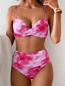 Traje de baño bikini para mujer conjunto dos piezas para playa piscina vacaciones semana santa brunch y salidas a la playa top de tirantes finos con diseño cruzado y parte inferior de talle alto color verde oliva sólido tela elástica de secado rápido que resalta la silueta apto para verano y temporadas cálidas - Multicolor 7 - Ver 1