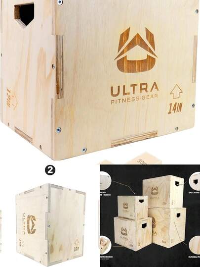 Plyometric Jump Training Box, Multiple Height Options, Natural Wood Construction, 3-Level Adj