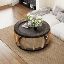 Vintage Round Coffee Table Made Of Rattan And Solid Wood, Boho Style Side Table With Curved Legs For Dining Room, Kitchen And Living Room, Natural Color. - 黑色 - 查看 4