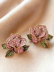 1 Đôi bông tai hình hoa hồng cổ điển thanh lịch, kiểu dáng thời trang và đa năng dành cho nữ, phù hợp để đeo hàng ngày, dự tiệc và các buổi liên hoan. - Hồng - Xem 1