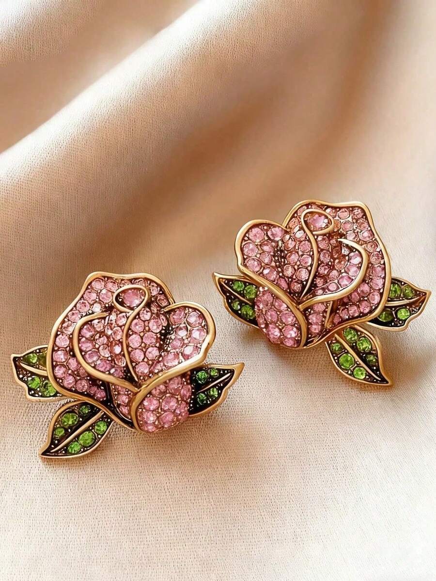 1 Đôi bông tai hình hoa hồng cổ điển thanh lịch, kiểu dáng thời trang và đa năng dành cho nữ, phù hợp để đeo hàng ngày, dự tiệc và các buổi liên hoan. - Hồng - Xem 1