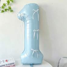 7pcs Blue Number Balloon Set, Bow Tie DIY Decor, Blue Number (0-9) Foil Balloons, Includes Glue, Suitable For Birthday Party, Room Decor, Anniversary, Photo Props, Princess Party Decoration - Baby Blue + Bow - View 2
