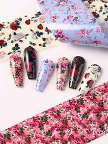 9件裝玫瑰蕾絲花卉美甲箔紙轉印貼紙 波希米亞風牡丹花卉印花星空美甲貼片 春夏美甲裝飾用品（不黏性） - 彩色 - 查看 4