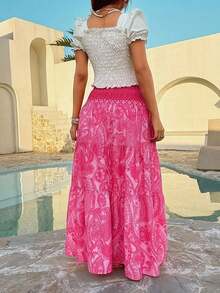 Falda larga bohemia para mujer con estampado paisley.Diseño de cinturilla elástica fruncida y volantes escalonados en capas.Estilo casual y versátil, ideal para vacaciones y uso diario, adecuada para primavera y verano. - Rosa Roja - Ver 2