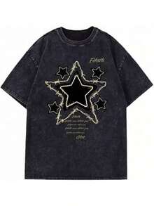Y2K Star Pattern Dark Washed Cotton T-Shirt, Gold Embroidery Gothic Grunge Top, Oversized Loose Fit Vintage Street Style For Summer - 黑色 - 查看 6