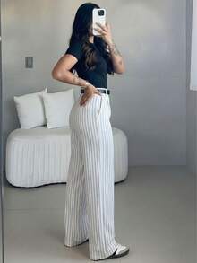 White Striped High Waist Slim Fit Wide Leg Pants, Bohemian Street Style, Suitable For Casual, Work Commute In Spring/Summer (Belt Not Included) - White - View 2