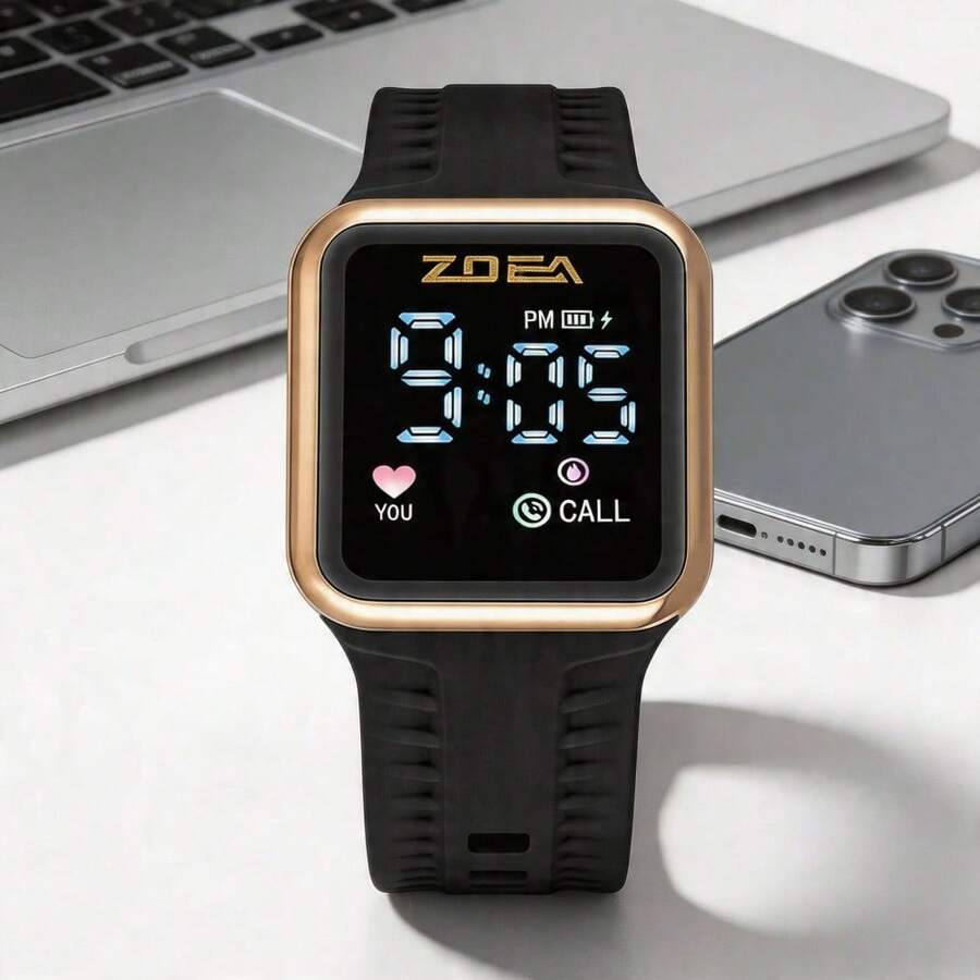 ZOEA Men's LED Touchscreen Watch, Waterproof Silicone Strap, Sporty And Casual Design - Black Belt Rose Gold Case - View 1