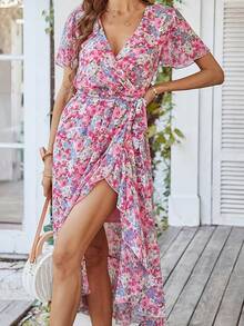 Đầm maxi mùa hè DOUCIU dành cho nữ, họa tiết hoa, phong cách boho, tay ngắn, cổ chữ V, xếp ly, dáng dài thướt tha, thích hợp cho đám cưới hoặc tiệc ngoài. - Hồng - Xem 2