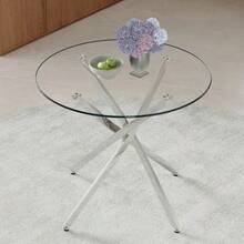 A Luxurious Yet Lightweight Round Dining Table, 88 Cm In Diameter. A Simple Table With A Tempered Glass Top And Silver Metal Frame, Ideal For Small Apartments, Homes, And Dining Rooms. Seats 2-4 People. - 銀色 - 查看 3