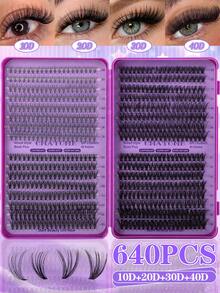 640/480/200 pièces Faux cils individuels segmentés D-Curl en livre, utilisation maison DIY, facile à appliquer, volumineux et adapté aux débutants, tenue longue durée, épais et portables, mélange de faux cils naturels doux, design classique en faisceaux croisés - D - Voir 17