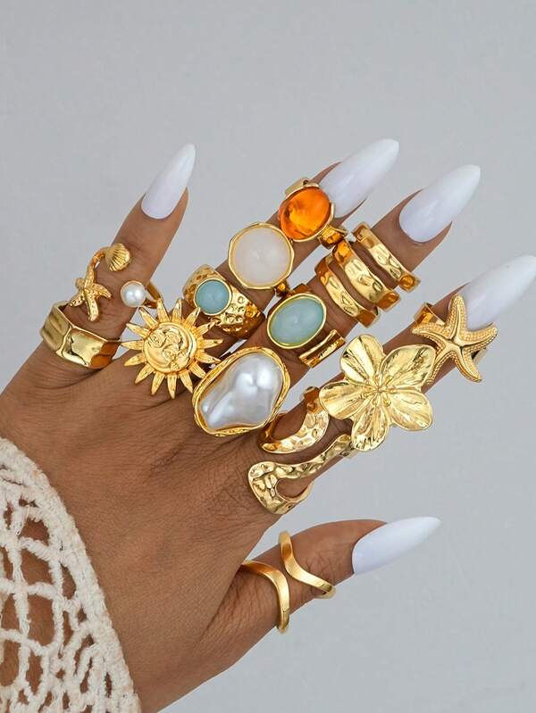 6/13 piezas Juego de anillos de cristal, perla falsa, flor, estrella de mar, concha, dorado en estilo minimalista bohemio y colorido, adecuado para mujeres, playa de verano, citas, fiestas, regalo para novia, esposa, madre, uso diario versátil
