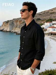 FEIAO 男士复古硬币图案T恤，亚麻质感透气网眼面料，纽扣前襟，纯色设计，触感舒适柔软，休闲百搭，略微宽松版型，适合春夏穿着。 - 黑色 - 查看 3
