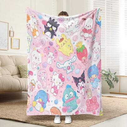  1pc Comfortable Sanrio All-Star Pattern Flannel Blanket, Soft Polyester Knit Design, Versatile Use, Machine Washable, Ideal Gift For Home, Travel, Outdoor, All Seasons - Cozy Throw Blanket For Sofa, Bed, Office, Car