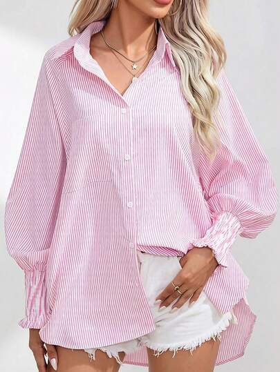ASVIVID Women's Stand Collar Button-Up Casual Shirt, Pink, Spring