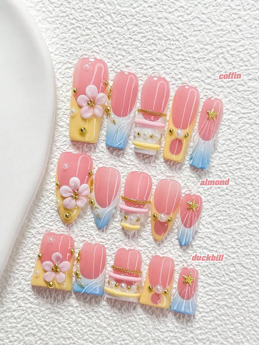 10Pcs Sweet Girly Style Handmade Nail Art Set,Unghie Press On,Starfish, Chain Nail Art Accessories,Hand Pinched Five Petal Flower Nail Art Decorations,Yellow And Blue Nail Polish,Cute And Exquisite Style,Comes With Nail Tools(1 Sheets Jelly Stickers+1PC Nail File)3 Sizes Available,Almond Nails, Duck Nails,Coffin Nails,Suitable For Reunion,Daily,Party,Photograph,Play,Spring Summer,Commute Supplies Nails - Nhiều màu - Xem 1