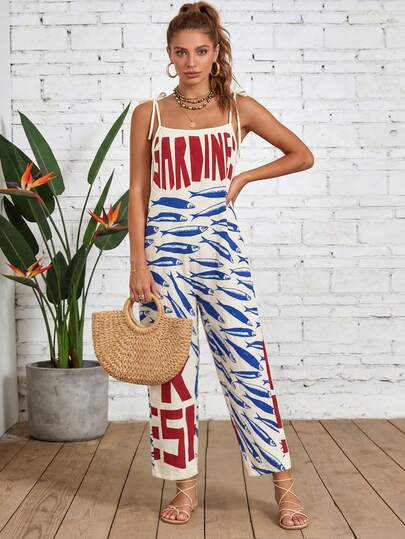 Mono de verano casual con estampado gráfico de sardinas vintage, tirantes, cuello cuadrado, pierna ancha y suelta para vacaciones