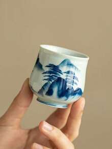 1个/2个/4个全新复古青瓷釉零钱包杯，陶瓷茶杯，功夫茶具，中式釉下彩绘青山图案个人主杯，客杯，适合赠送长辈、亲戚、老板。适合日常使用、聚会、派对。 - 彩色 - 查看 10