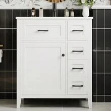 76x46x90cm Freistehender Badezimmerwaschtisch, Lackerte Oberfläche, Vier Geräuschlose Schubladen, Klappschubladen, Schranktürregale, Schwarze Griffe, Integrated Keramikwaschbecken, White. - White - View 4