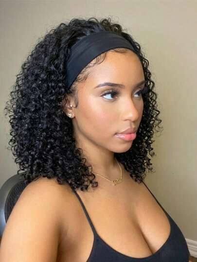 Pelucas rizadas con diadema para negras, peluca con diadema, ondas profundas y rizadas, pelucas sintéticas sin pegamento, cortas, negras naturales, 12 pulgadas